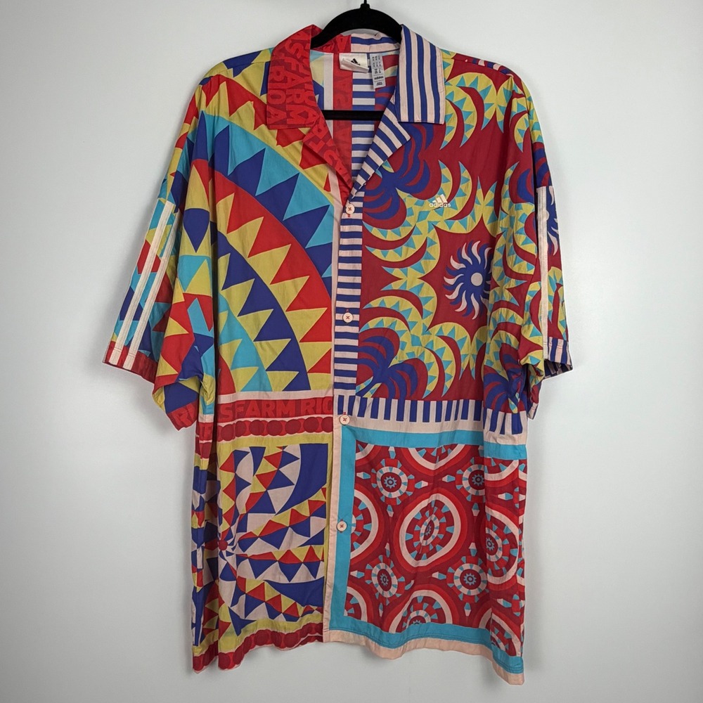 Adidas Multicolor Patchwork Print Button Up Shirt & Wide Leg Pants Set XL - Picture 7 of 12